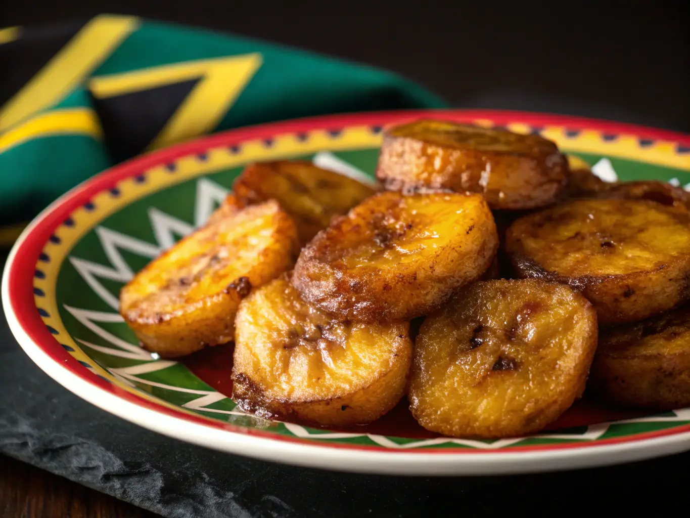 A vibrant image of plátanos fritos, caramelized to perfection and served with a side of crema and beans. The photo should emphasize the sweetness and texture of the dish.