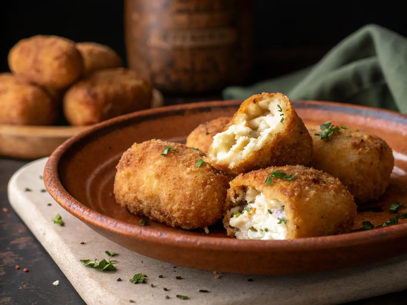 A 3D render of a plate of Yuca Frita, showcasing the crispy fried cassava served with chicharrón and curtido, highlighting a traditional dish at El Sabor Guanaco.