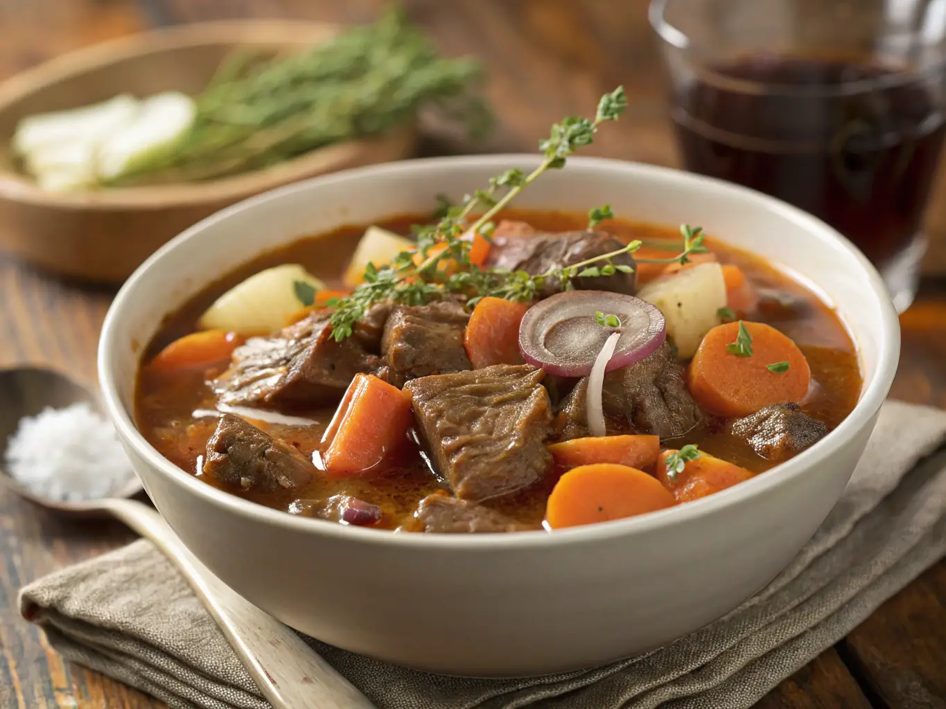 A vibrant image of a steaming bowl of Sopa de Res, filled with tender chunks of beef, vegetables, and herbs, garnished with fresh cilantro and a wedge of lime.
