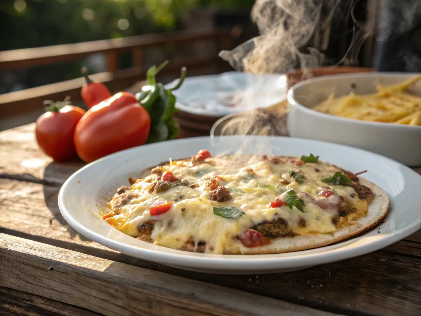 A close-up shot of a perfectly cooked pupusa, oozing with cheese and filled with savory ingredients, served with curtido and salsa roja. The image should highlight the texture and vibrant colors of the dish.